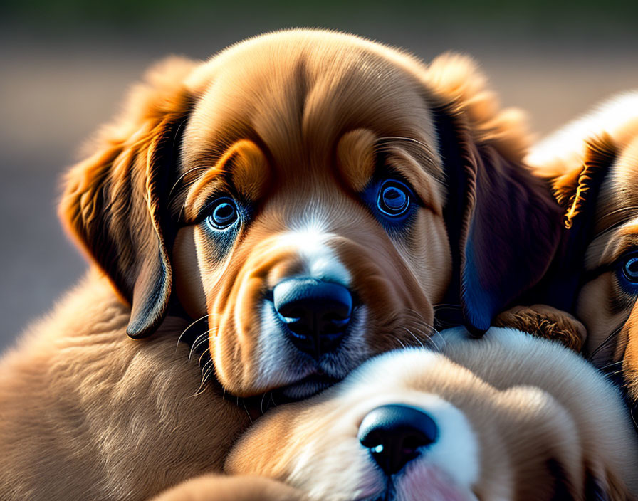 Three cute puppies with glossy fur and striking blue eyes.