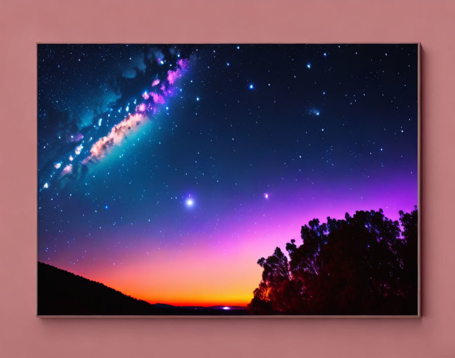 Vibrant night sky canvas print with Milky Way galaxy, stars, purple and pink hues, trees