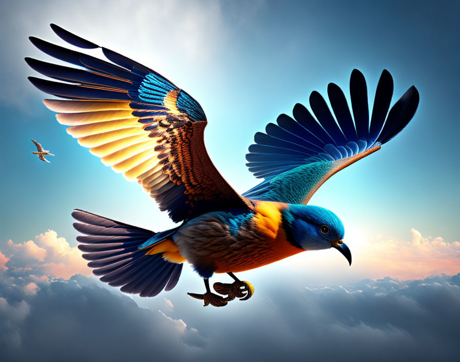 Colorful bird soaring above clouds in serene sky