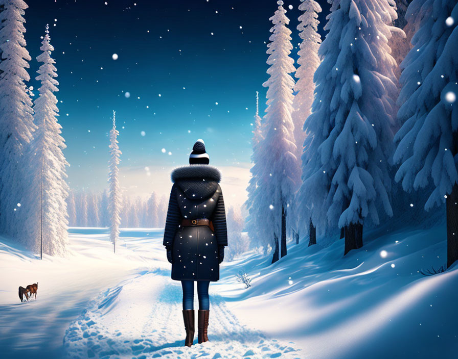 Person and dog in warm clothing on snowy path under starry winter sky