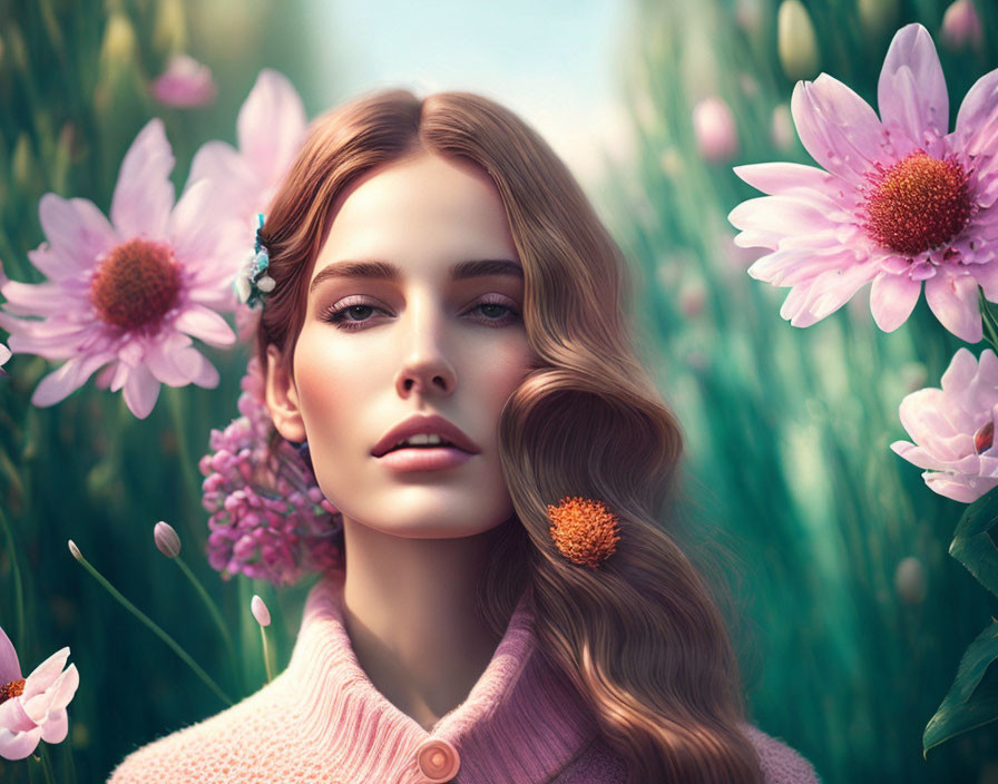 Wavy-haired woman in pink sweater among lush flowers