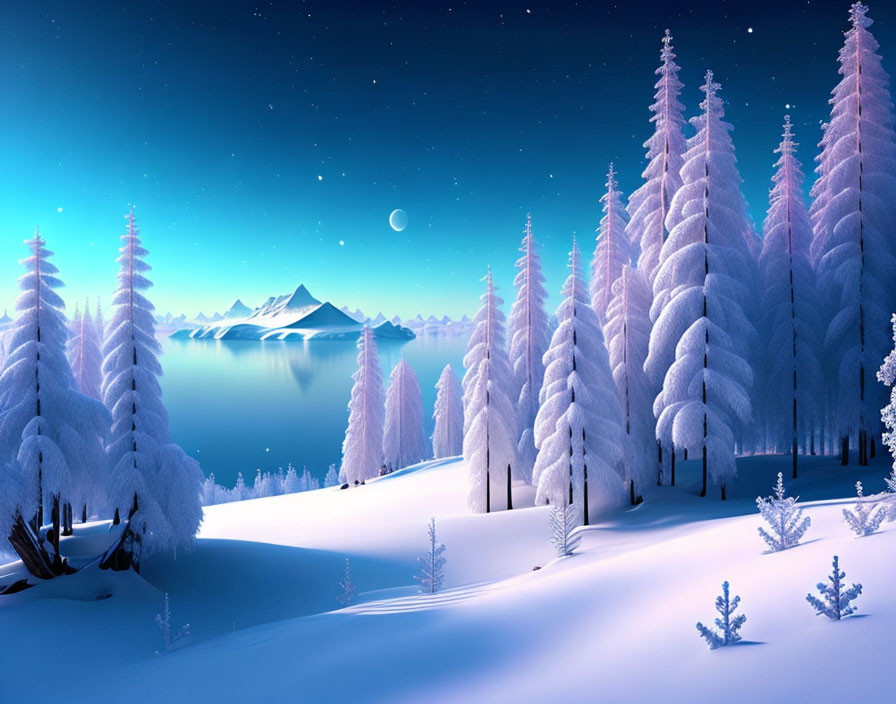 Snow-covered trees, calm lake, mountains, starry sky: Twilight winter landscape