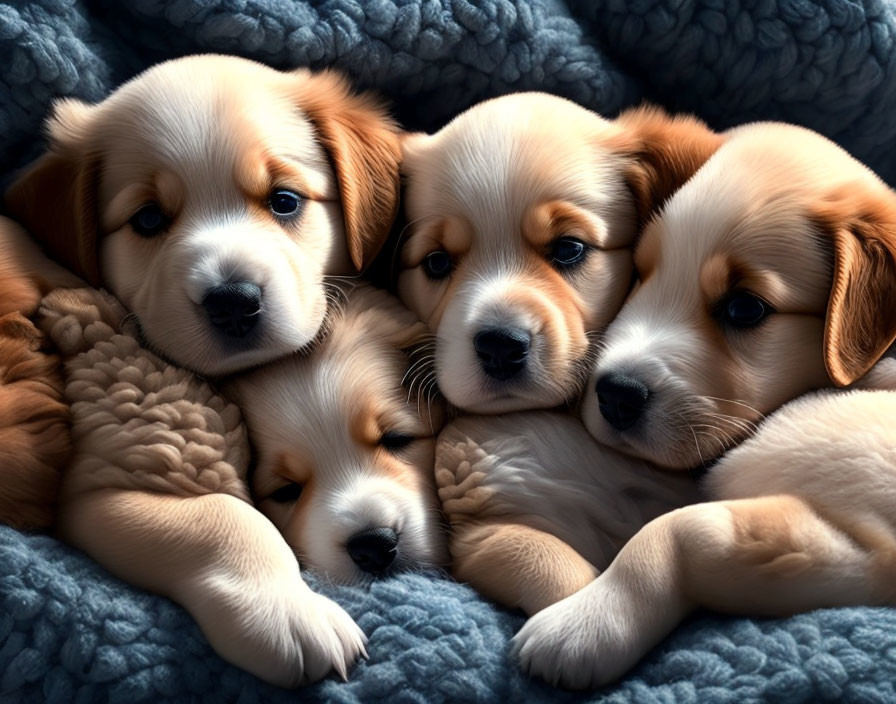 Four Cute Puppies Cuddled on Blue Plush Blanket