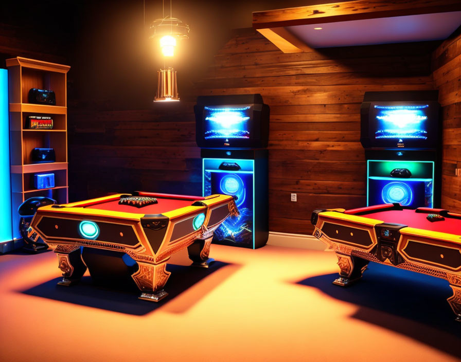 Colorful Game Room with Air Hockey Table, Arcade Machines, and Neon Lights