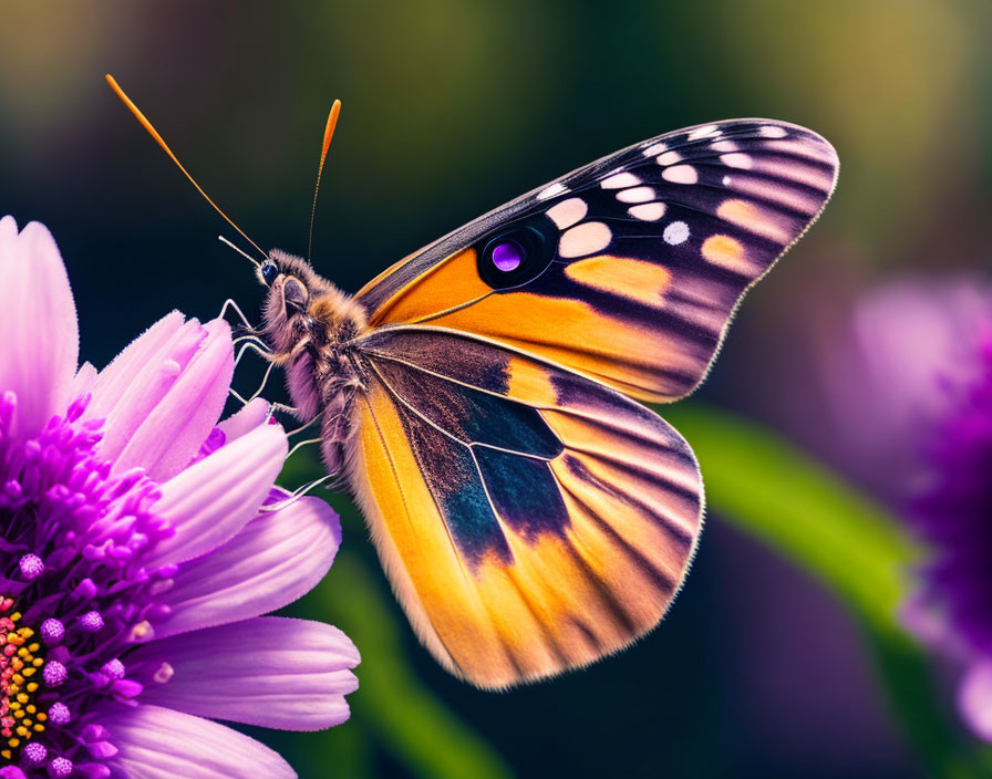 Colorful Butterfly Resting on Pink Flower with Green Background