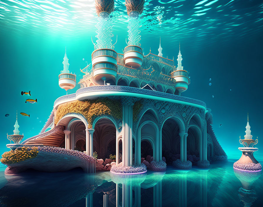 Glowing turrets and arches in underwater fantasy palace