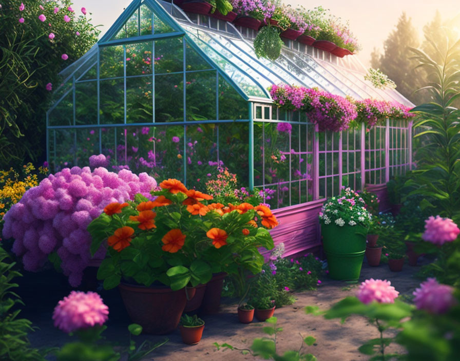 Greenhouse with flowers, plants, trees in sunlight