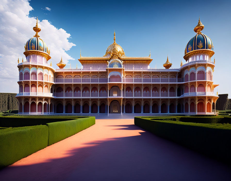 Opulent palace with golden domes and intricate details against blue sky