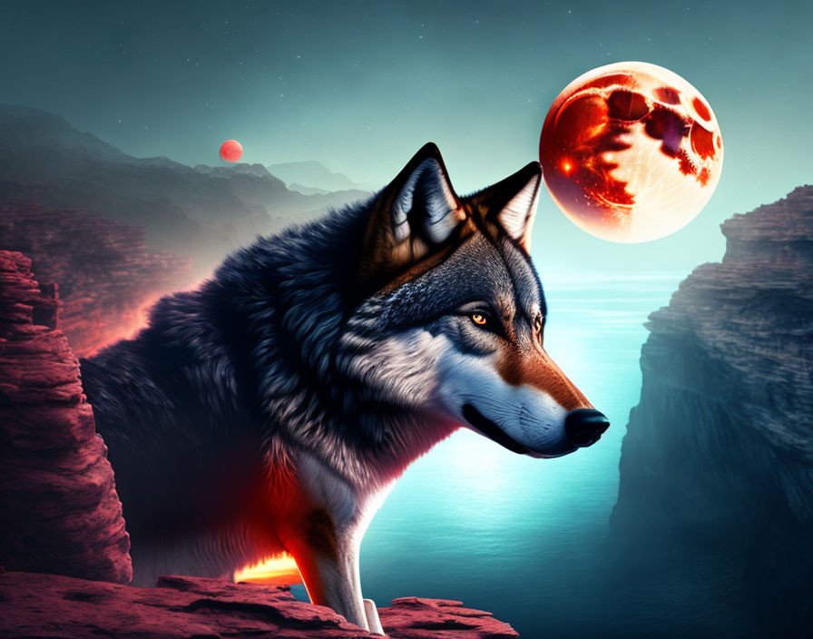 Wolf on cliff edge under red moon and planet.