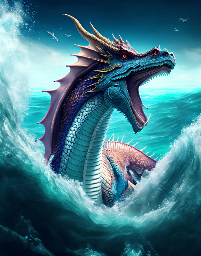 Blue-scaled dragon emerging from ocean waves under bright sky