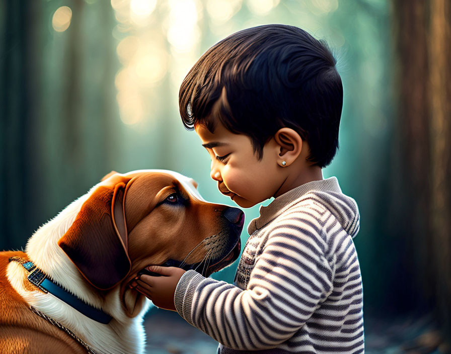 Toddler and Brown Dog Touch Noses in Sunlit Forest