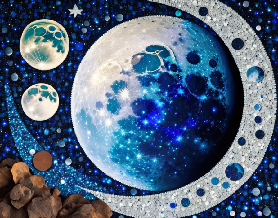 Vivid Blue Planet Surrounded by Moons and Stars