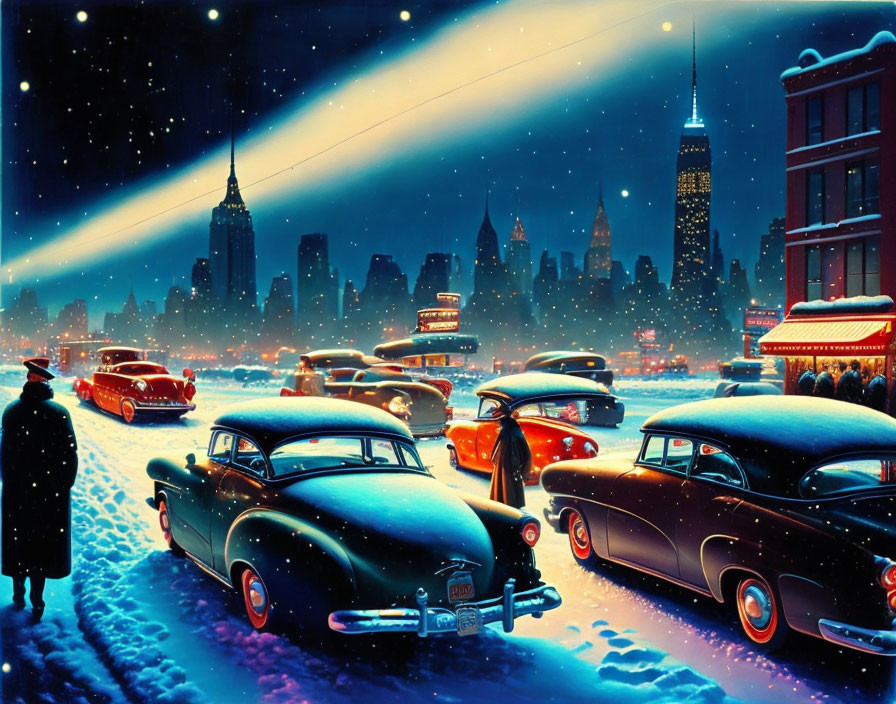 Vintage cityscape illustration: night scene with classic cars, snowy streets, and colorful lights under starry