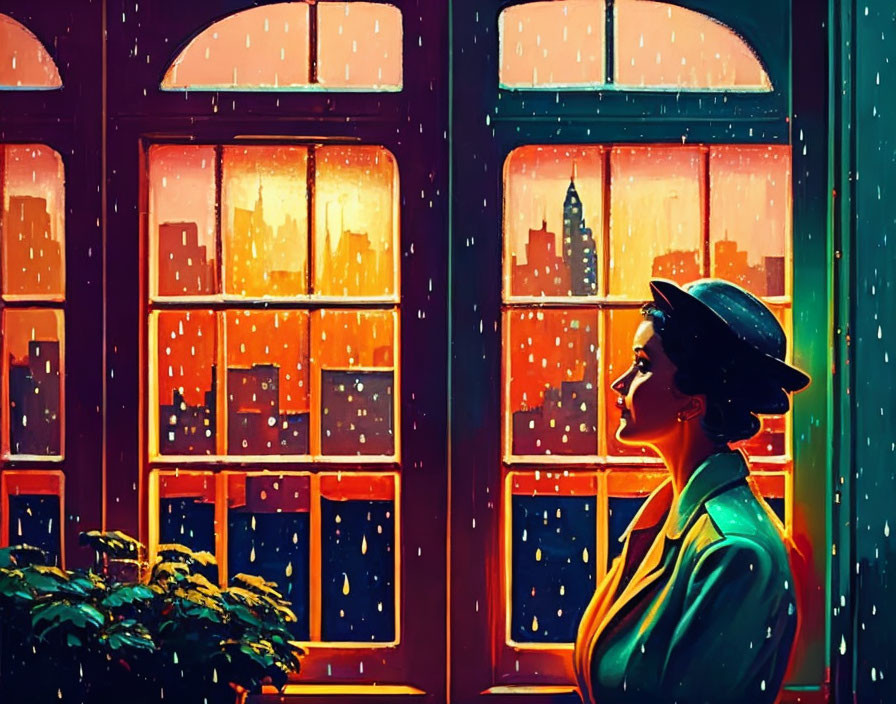 Woman in Green Coat and Hat Silhouetted Against Night Cityscape