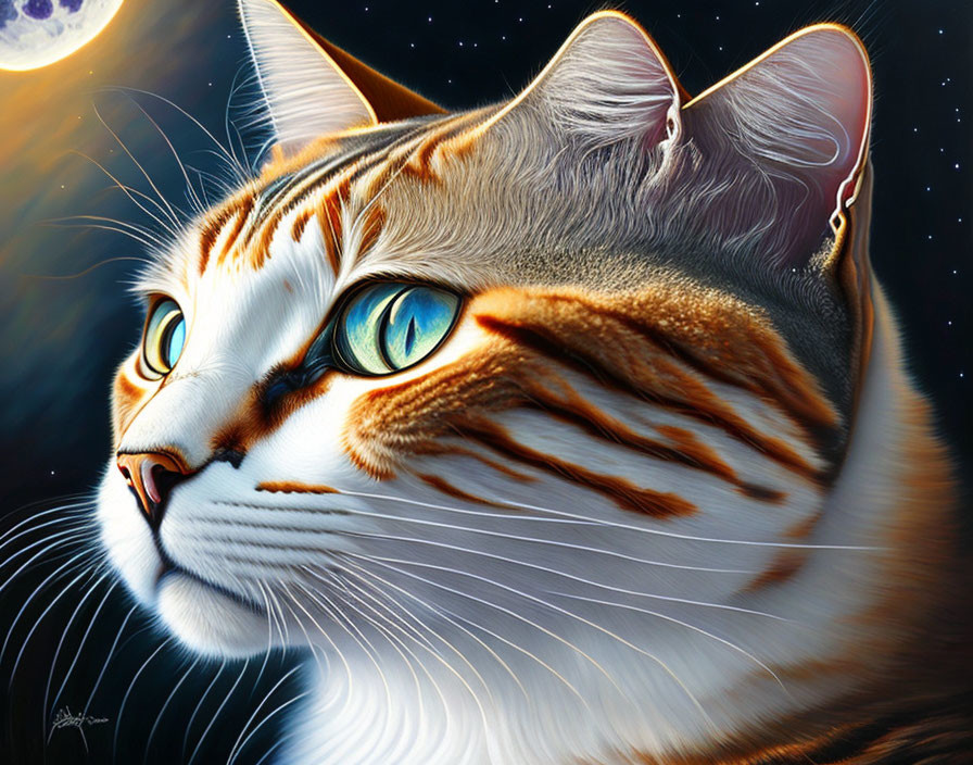 Realistic digital artwork of a detailed cat with blue eyes under a moonlit sky