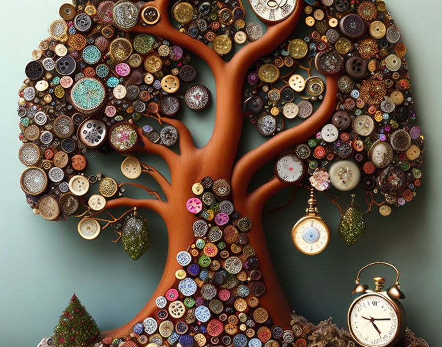 Vintage Button and Timepiece Tree Art on Teal Background