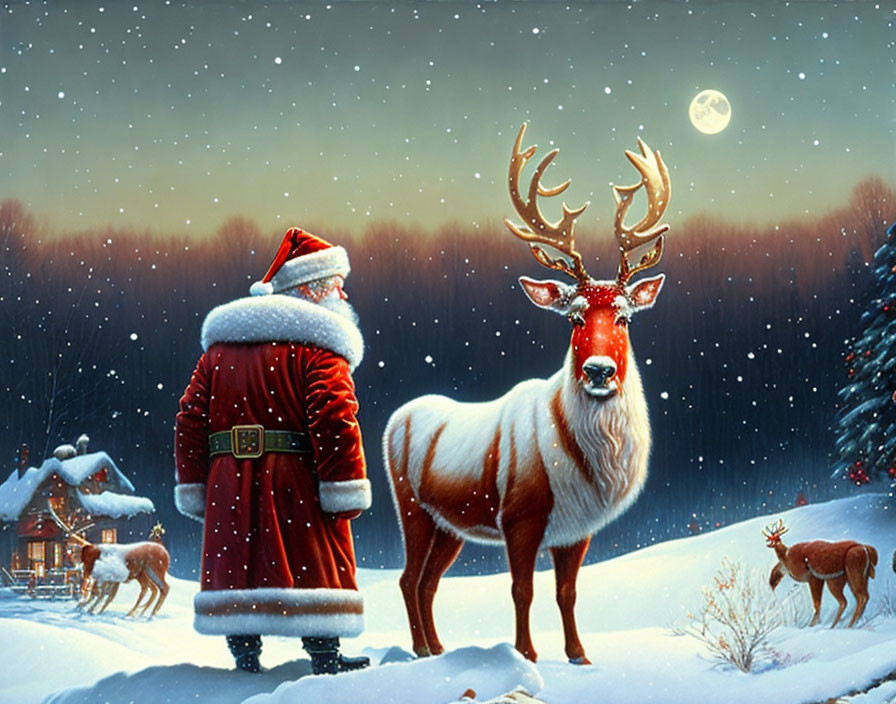 Winter scene: Santa Claus with reindeer in snowy forest at night