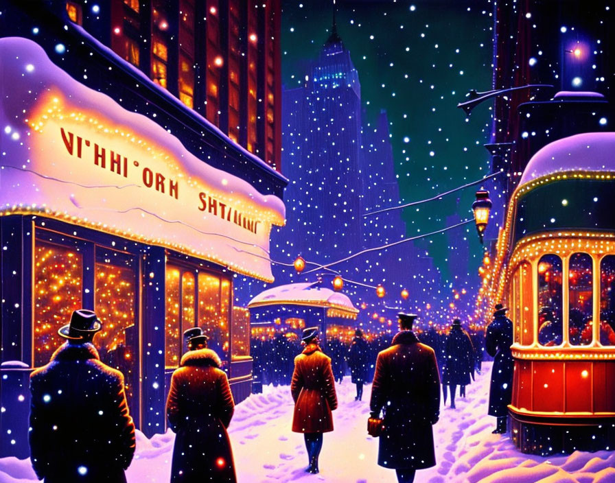 Vibrant winter scene with people walking by tram and illuminated building