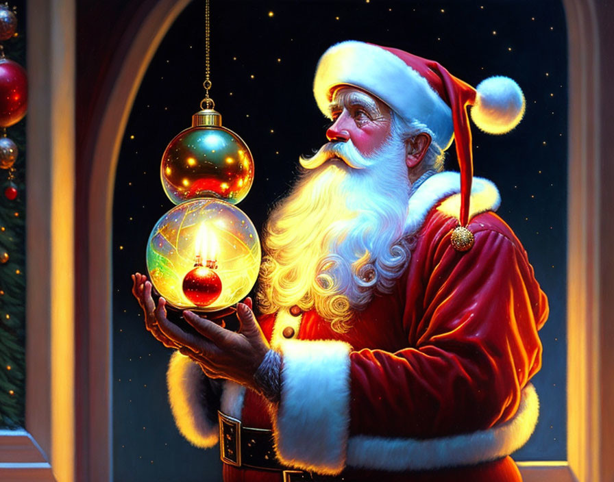 Festive Santa Claus with glowing orb and Christmas tree reflections at night