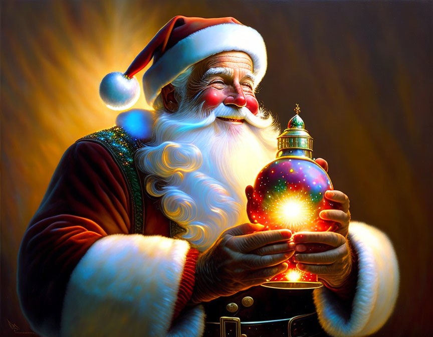 Santa Claus holding a glowing ornament in a warm, joyful setting