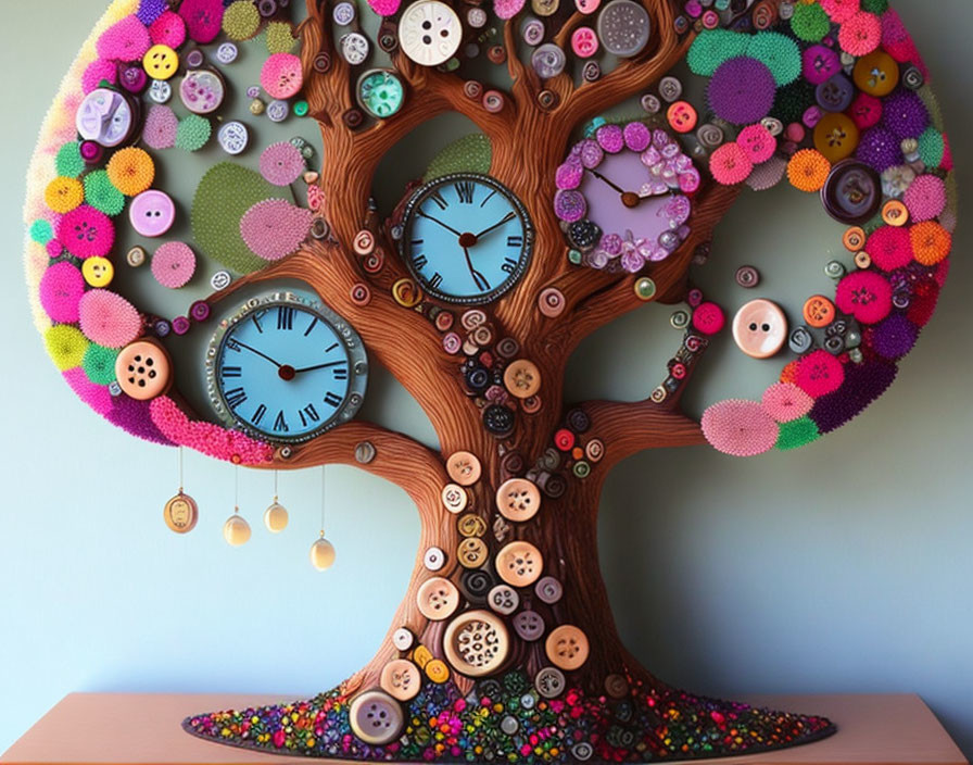 Button and clock tree art with whimsical design