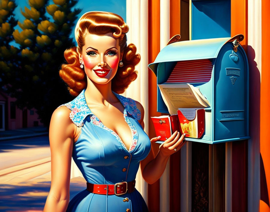 Vintage-style illustration of a smiling woman in blue dress checking mailbox