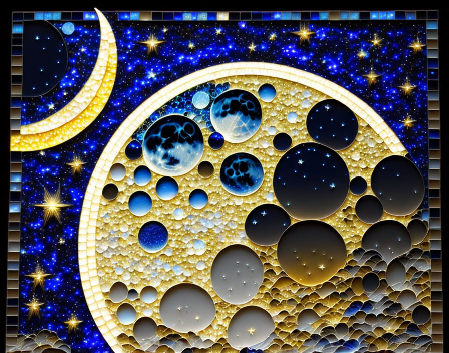 Crescent moon and spherical shapes in honeycomb pattern on starry night sky.