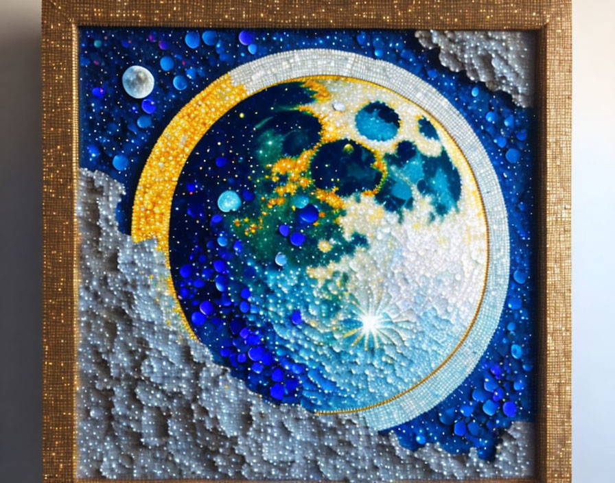 Celestial scene artwork with moon crescent, planets, and stars in brown frame