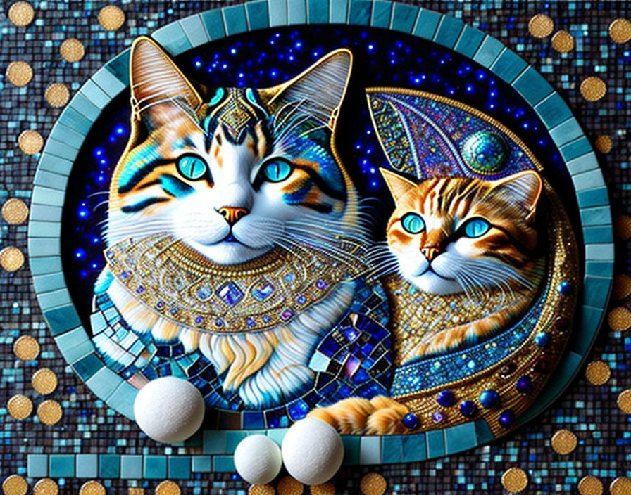 Ornate cat portraits with mosaic and cosmic backgrounds in circular frame