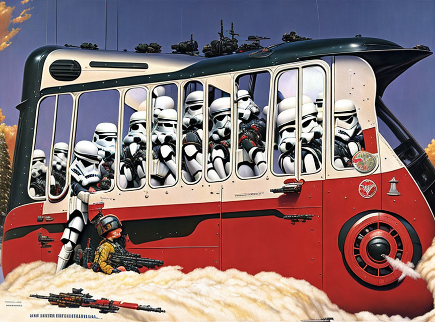 Star Wars Stormtroopers on red bus flying above clouds with weapons.