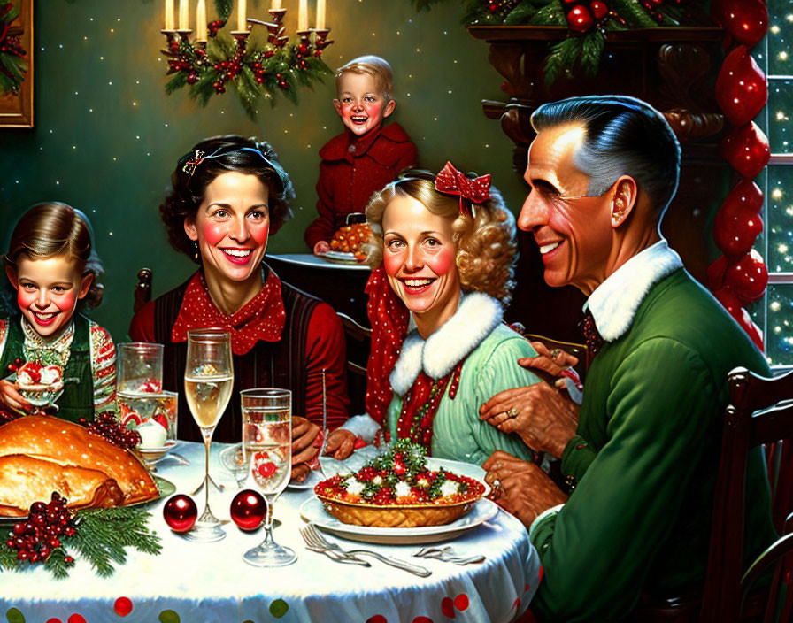 Vintage-style illustration: Smiling family of four at Christmas dinner