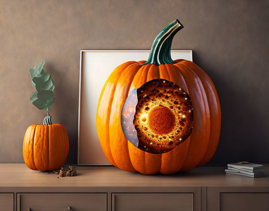 Large pumpkin with cosmic portal design next to smaller pumpkin, framed art, plant, and decor.