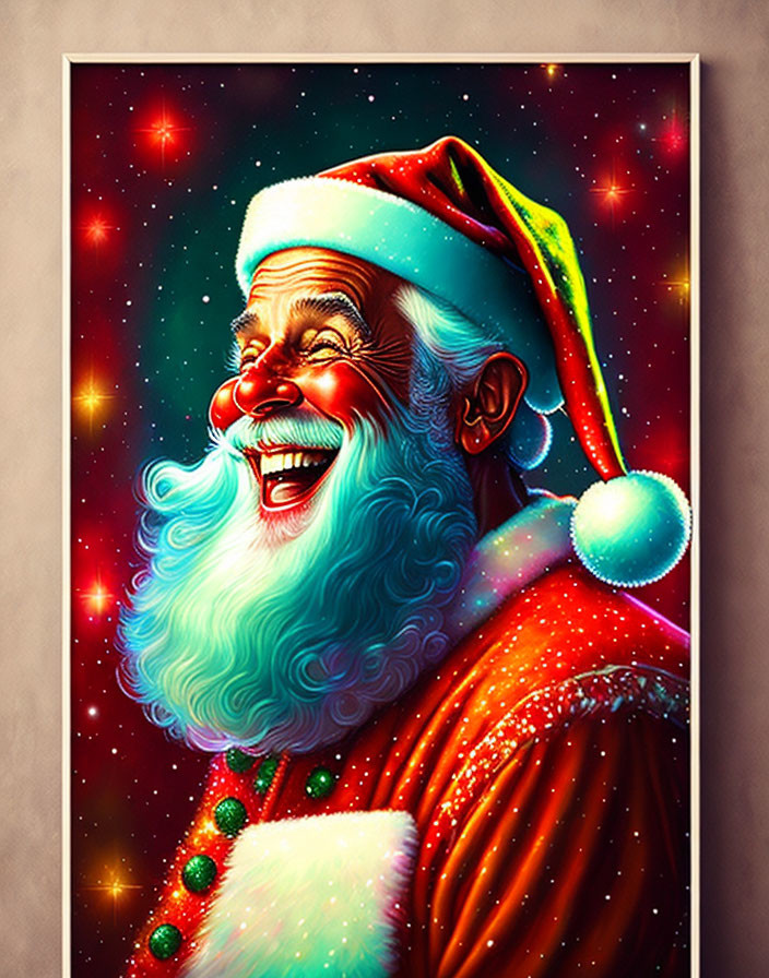 Cheerful Santa Claus portrait with red and green hat and star background