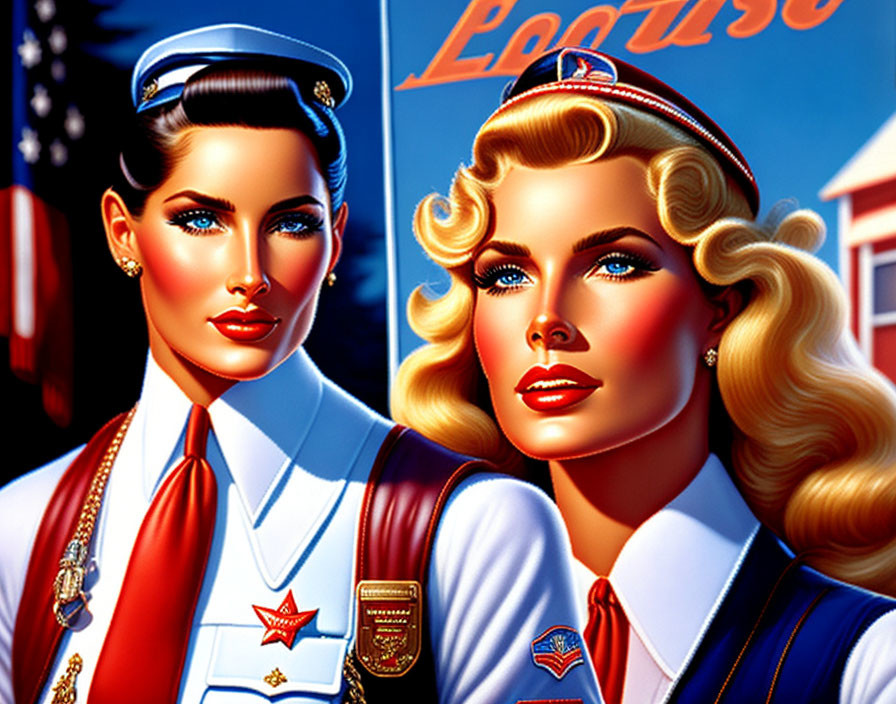 Illustrated women in vintage flight attendant uniforms with vibrant colors