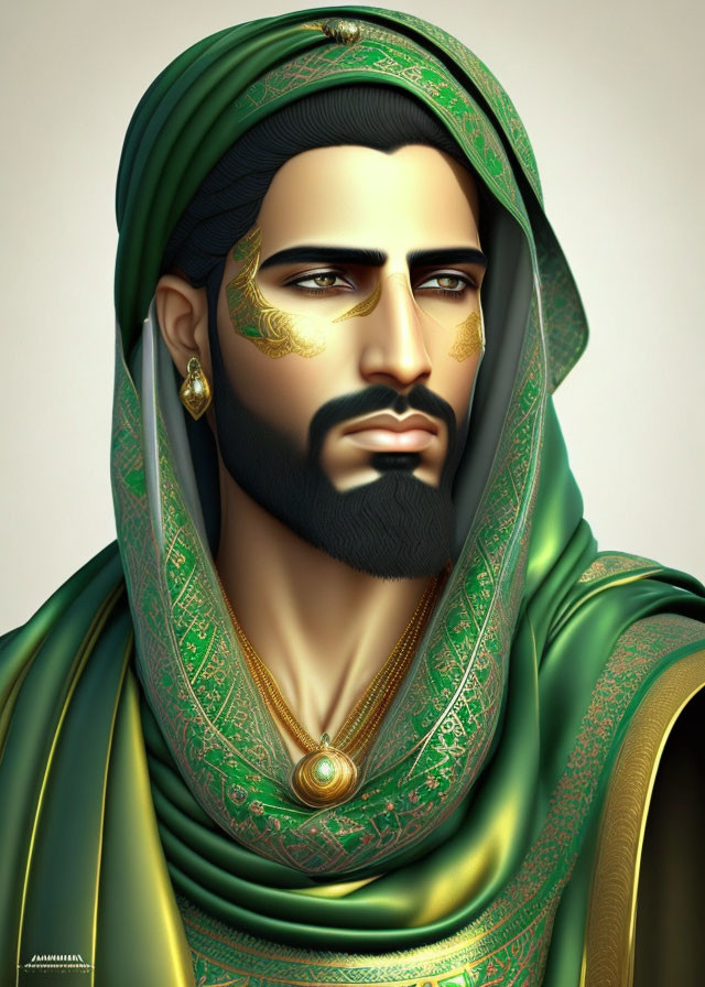 Man in Green and Gold Robe with Beard and Face Markings