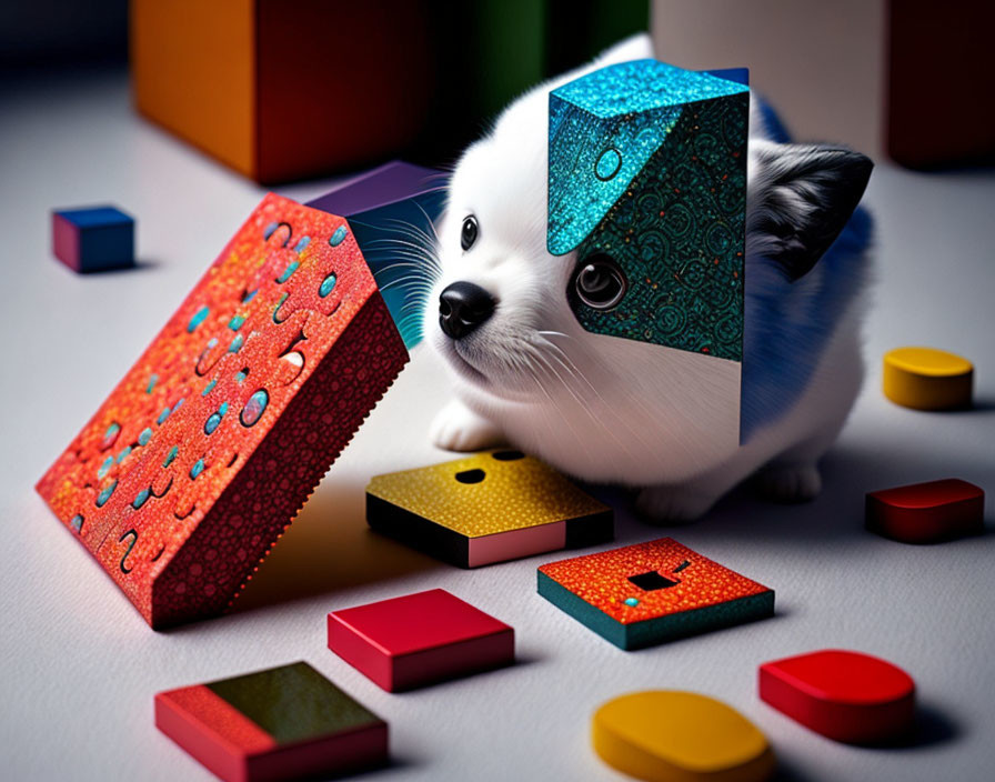 Geometric-patterned puppy merges with colorful 3D shapes