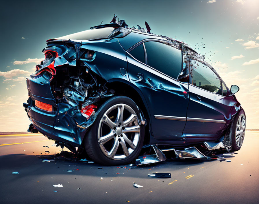 Heavily damaged blue car against dramatic sunset sky