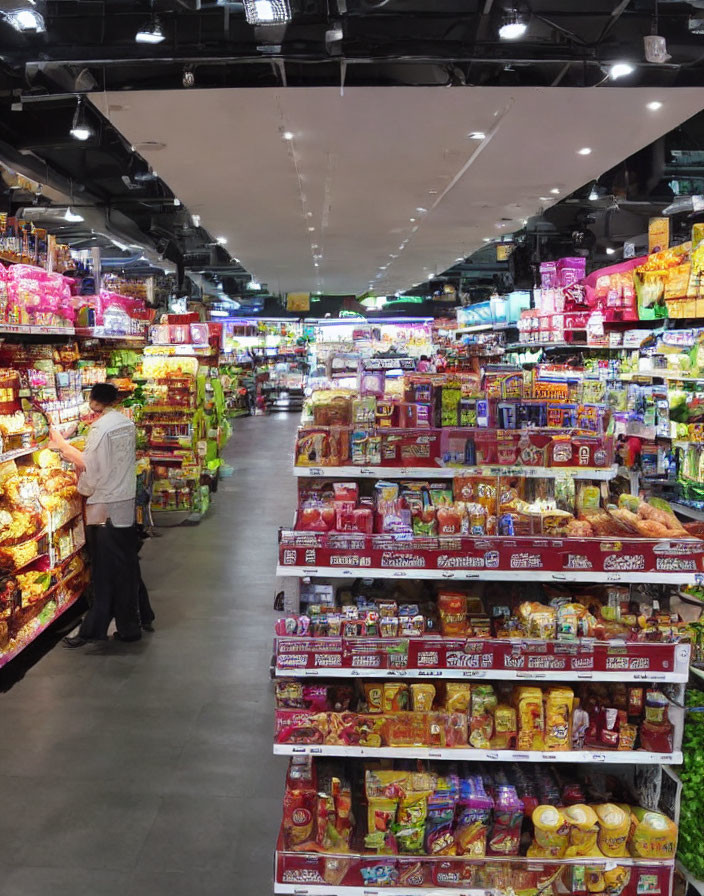 Customer browsing snacks in well-lit grocery store aisle