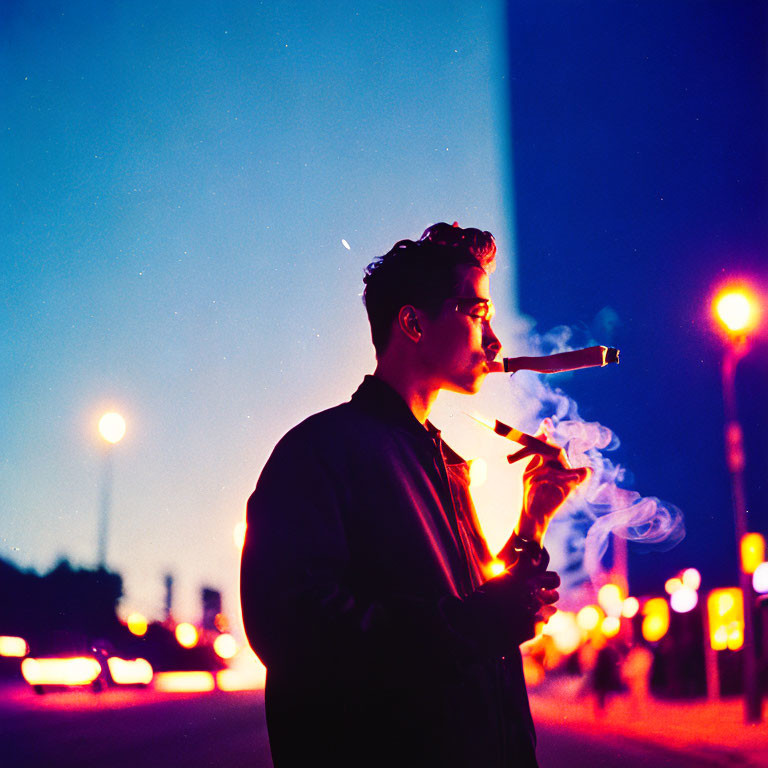 Man in dark jacket smoking cigar at twilight on city street with streetlights and blue sky.