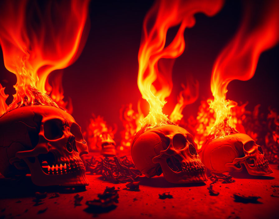 Flaming skulls in fiery ambiance on dark red background