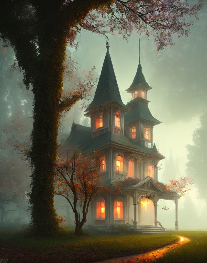 Victorian House in Misty Forest with Illuminated Windows