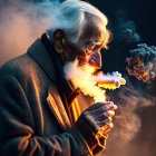 Elderly man with white hair and beard in warm light exhaling smoke.