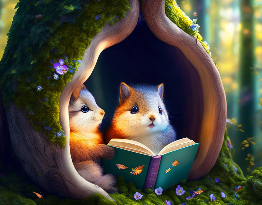 Animated squirrels in hollow tree reading book in magical forest.