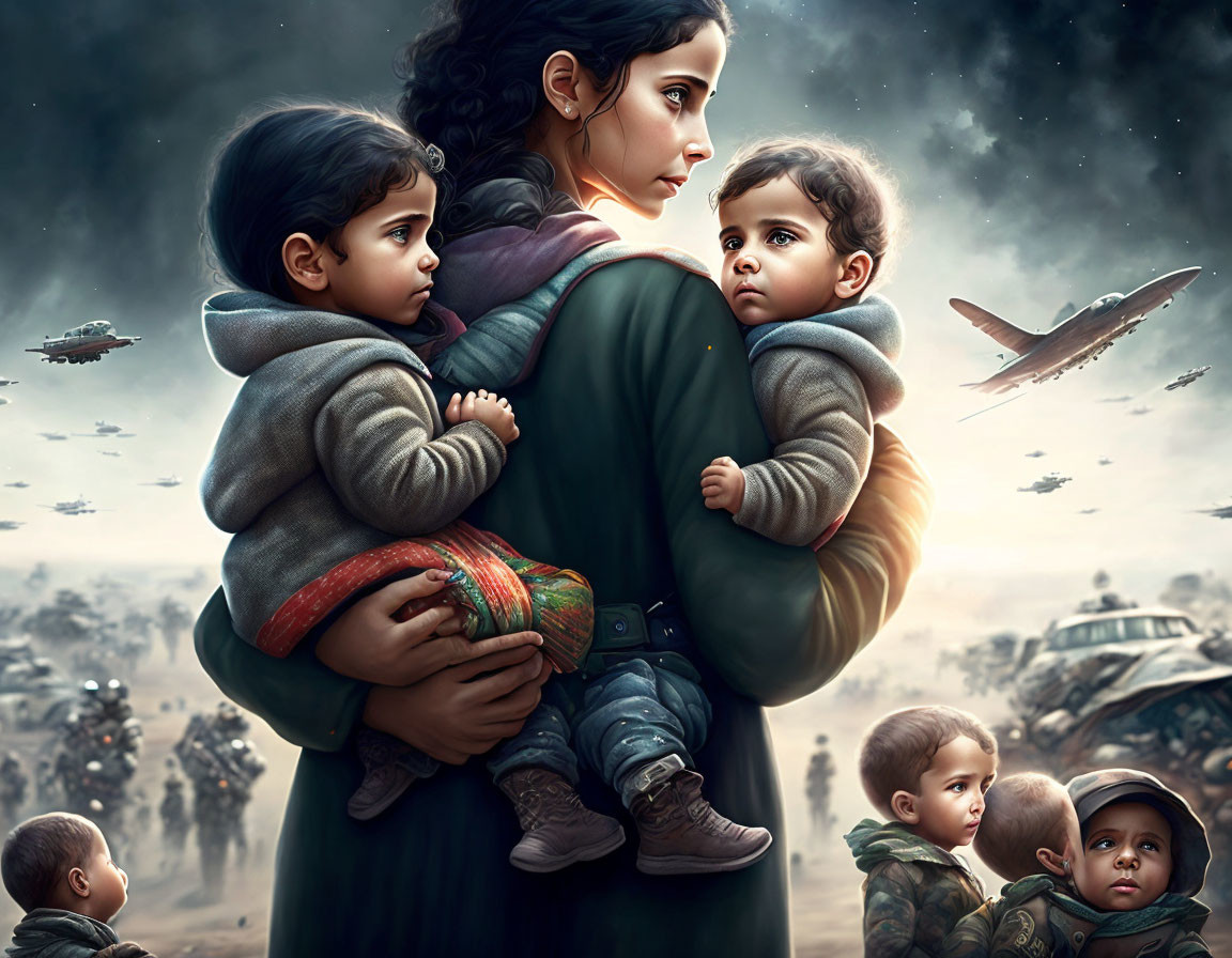 Woman with two children in war-torn setting.