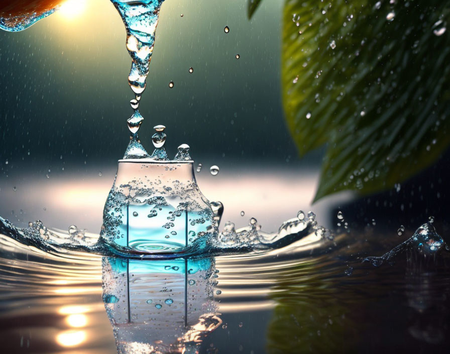 Glass container filling with water, splash, leaf, droplets, softly lit background