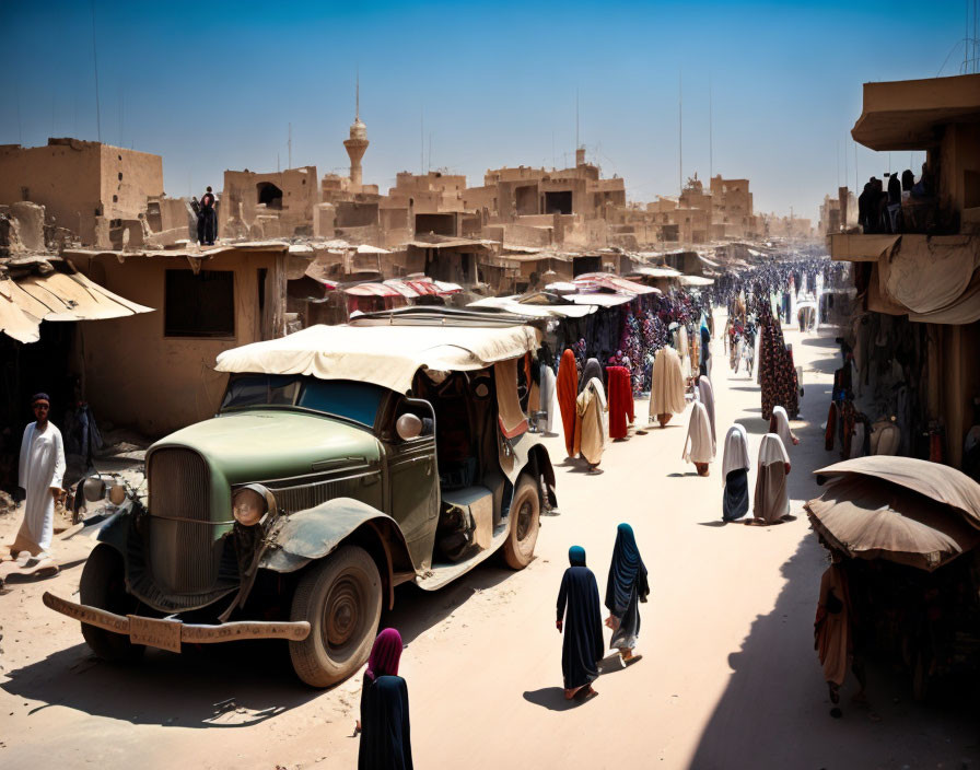 Middle Eastern city street with traditional clothing, old car, and brown buildings