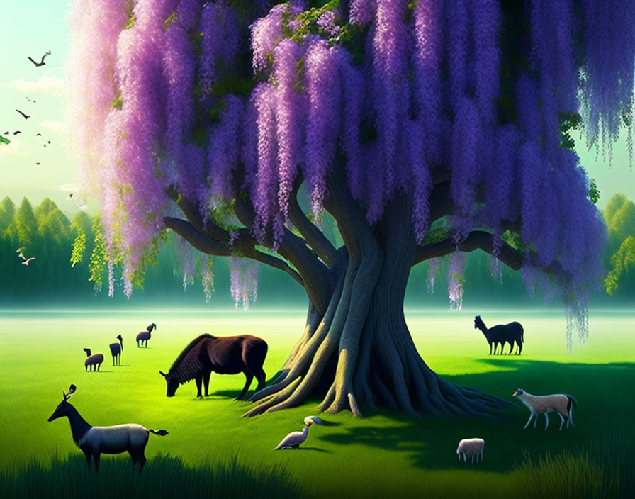 Tranquil meadow at dusk with purple blossomed tree