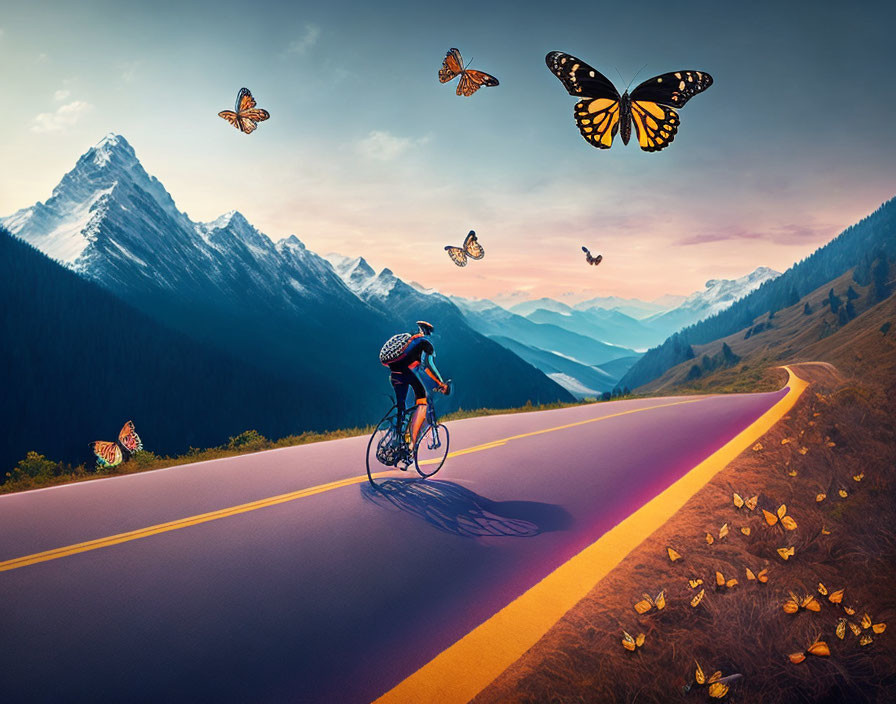 Cyclist on Mountain Road at Sunset with Butterflies and Snowy Peaks