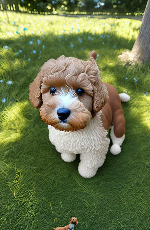 Fluffy caramel and white toy-like dog on green grass with blue flowers