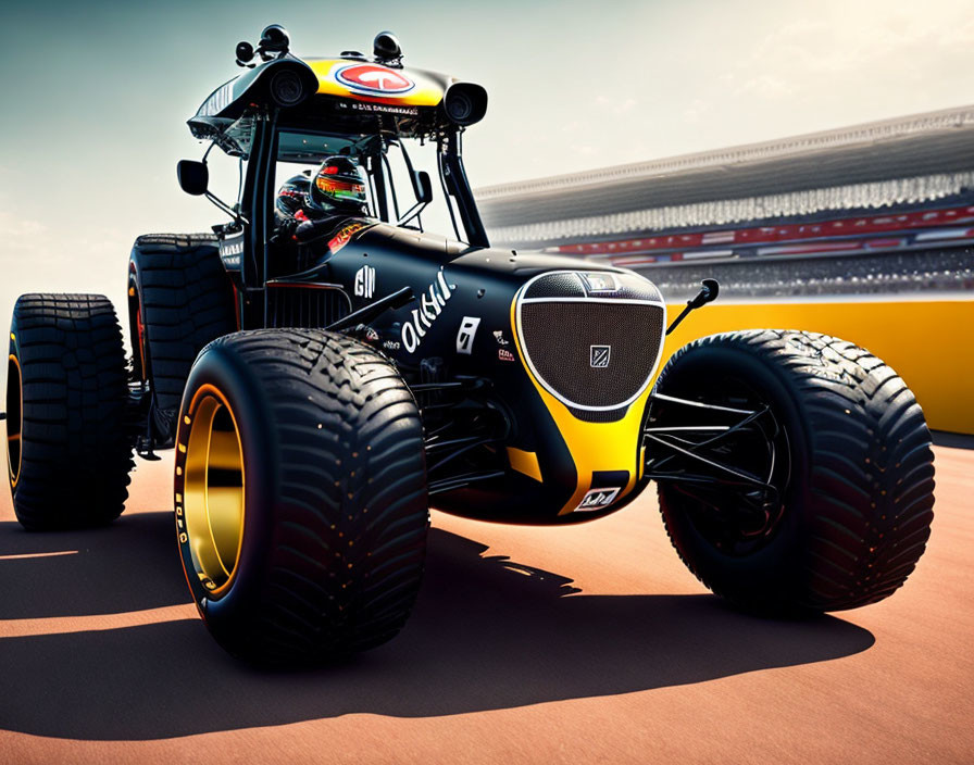 Modern black tractor with racing decals on racetrack